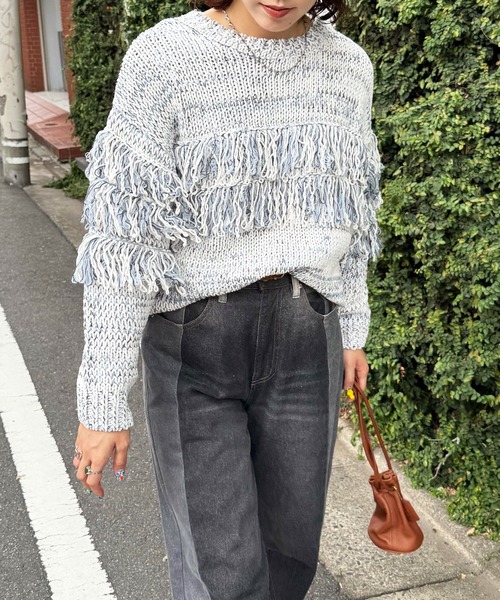DOUBLE NAME(ダブルネーム)の「ミックスフリンジニット(ニット/セーター・レディース・グレー系その他2/ホワイト系その他2/ブラウン系その他2・FREE)」の12枚目の写真