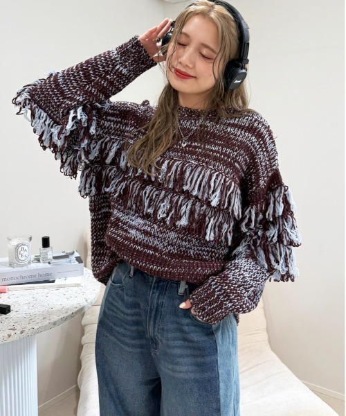 DOUBLE NAME(ダブルネーム)の「ミックスフリンジニット(ニット/セーター・レディース・グレー系その他2/ホワイト系その他2/ブラウン系その他2・FREE)」の6枚目の写真