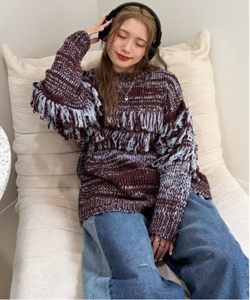 DOUBLE NAME(ダブルネーム)の「ミックスフリンジニット(ニット/セーター・レディース・グレー系その他2/ホワイト系その他2/ブラウン系その他2・FREE)」の22枚目の写真