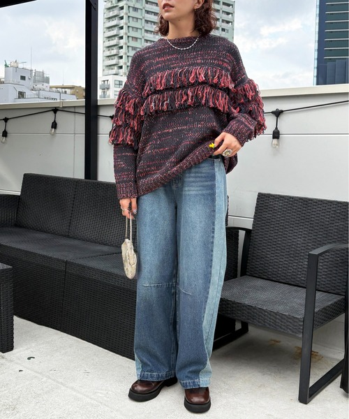 DOUBLE NAME(ダブルネーム)の「ミックスフリンジニット(ニット/セーター・レディース・グレー系その他2/ホワイト系その他2/ブラウン系その他2・FREE)」の9枚目の写真