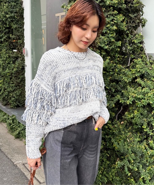 blackmeans アイボリー フリンジ付きニット ミックスフリンジニット（ニット/セーター）｜DOUBLE NAME