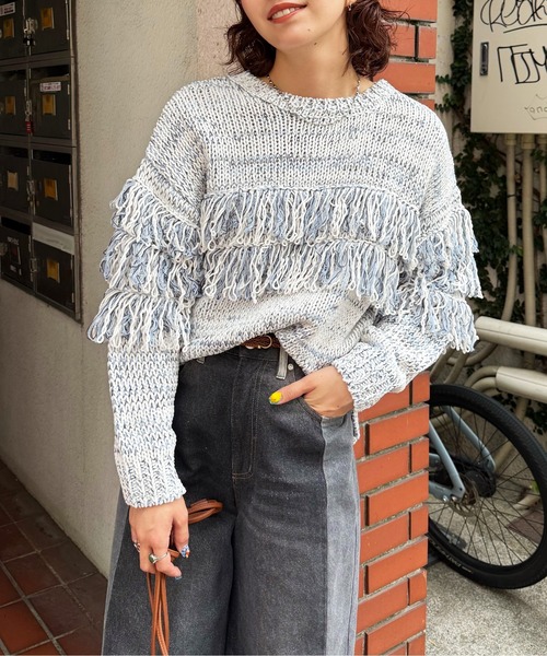 DOUBLE NAME(ダブルネーム)の「ミックスフリンジニット(ニット/セーター・レディース・グレー系その他2/ホワイト系その他2/ブラウン系その他2・FREE)」の19枚目の写真