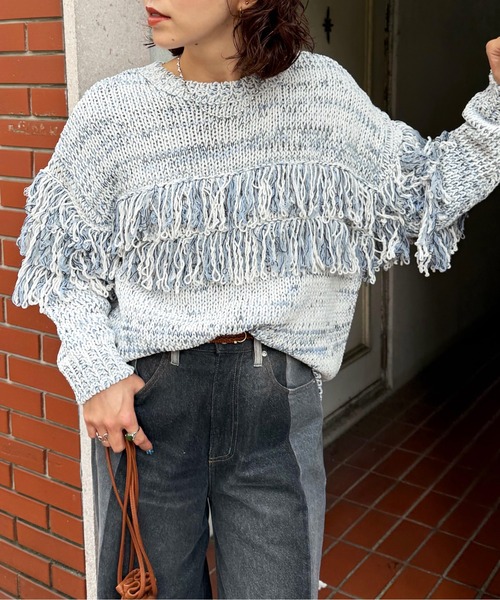 blackmeans アイボリー フリンジ付きニット ミックスフリンジニット（ニット/セーター）｜DOUBLE NAME