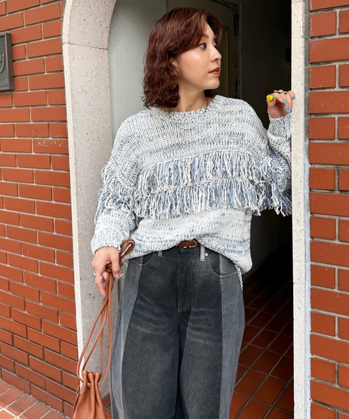 DOUBLE NAME(ダブルネーム)の「ミックスフリンジニット(ニット/セーター・レディース・グレー系その他2/ホワイト系その他2/ブラウン系その他2・FREE)」の5枚目の写真