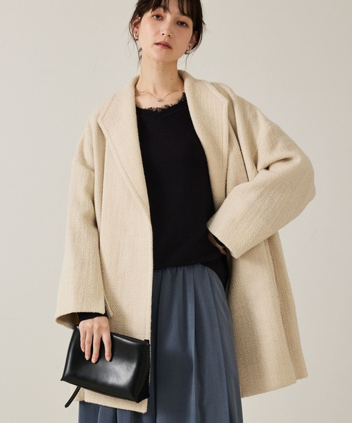 qualite(カリテ)の「ロービングオックスコート/秋服/冬服/オフィスカジュアル/Pコート/オーバーコート(チェスターコート・レディース・アイボリー/ダークブラウン・36/38)」の2枚目の写真