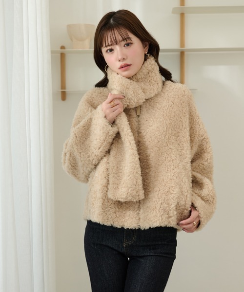 boa muffler zip up blouson /ノーカラーボアマフラー付きジップアップ