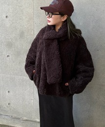 boa muffler zip up blouson /ノーカラーボアマフラー付きジップアップブルゾン