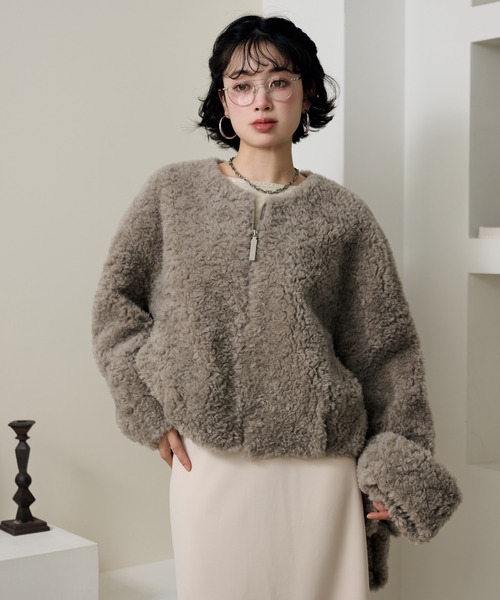 boa muffler zip up blouson /ノーカラーボアマフラー付きジップアップ