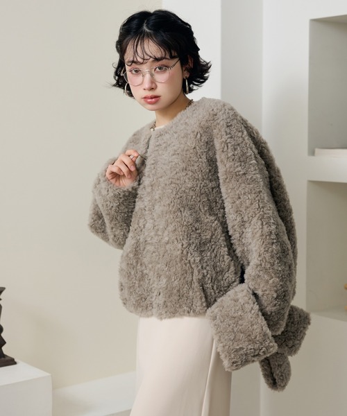 boa muffler zip up blouson /ノーカラーボアマフラー付きジップアップ