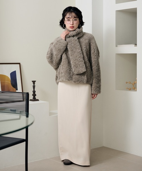 boa muffler zip up blouson /ノーカラーボアマフラー付きジップアップ