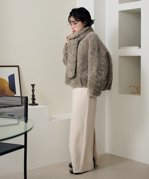 boa muffler zip up blouson /ノーカラーボアマフラー付きジップアップ