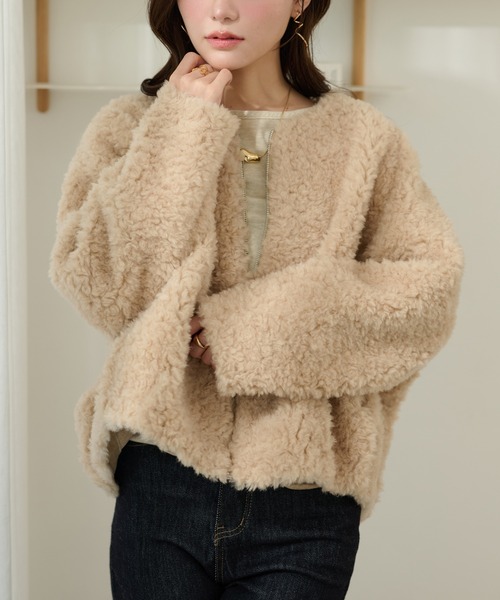 LAULEN（ローレン）の「boa muffler zip up blouson /ノーカラーボアマフラー付きジップアップブルゾン（ブルゾン・レディース・ダークグレー/ベージュ/ブラウン/グレイッシュベージュ・FREE）」の17枚目の写真