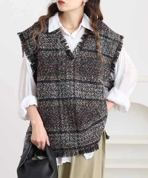 セール】起毛オンブレチェック フリンジベスト セットアップ可（ベスト