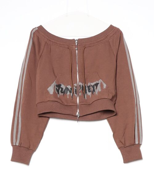 .KOM(ドットコム)の「A'GEM/9 × .kom 『.KOM/ドットケーオーエム』Off-Shoulder Printed Sweatshirt/Y2Kオフショルダープリントスウェットシャツ(スウェット・レディース・グレー/ブラウン・S)」の20枚目の写真