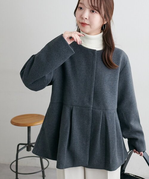 ボーダーズアットバルコニー ノーカラー ウール ジャケット ペプラム グレー希少 ノーカラーペプラムジャケット