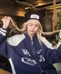 CPGN STUDIO（コンパーニョ）の「[2-WAY] カーブドブロックニットジップアップ ネイビー（カーディガン/ボレロ）」