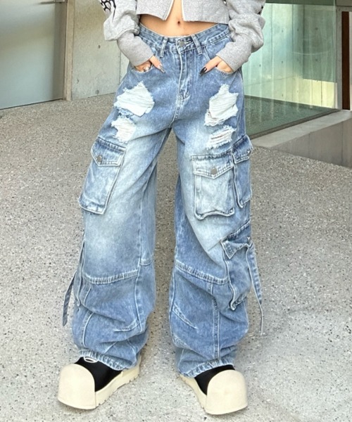 KsG（ケーエスジー）の「ダメージポケットカーゴデニム（カーゴパンツ・レディース・ブラック/ブルー・SMALL/MEDIUM/LARGE/X-LARGE）」の2枚目の写真