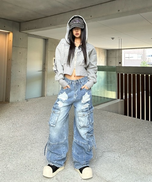 KsG（ケーエスジー）の「ダメージポケットカーゴデニム（カーゴパンツ・レディース・ブラック/ブルー・SMALL/MEDIUM/LARGE/X-LARGE）」の5枚目の写真
