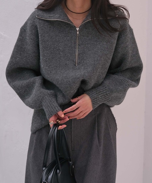 AKTE(アクテ)の「ハーフジップニットプルオーバー(ニット/セーター・レディース・ピンク/チャコールグレー・FREE)」の1枚目の写真