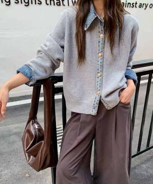 gossip!ロサンゼルス(ゴシップロサンゼルス)の「デニム切り替え ニットカーディガン(カーディガン/ボレロ・レディース・ネイビー/ダークグレー/ブラウン/グレー・FREE)」の2枚目の写真