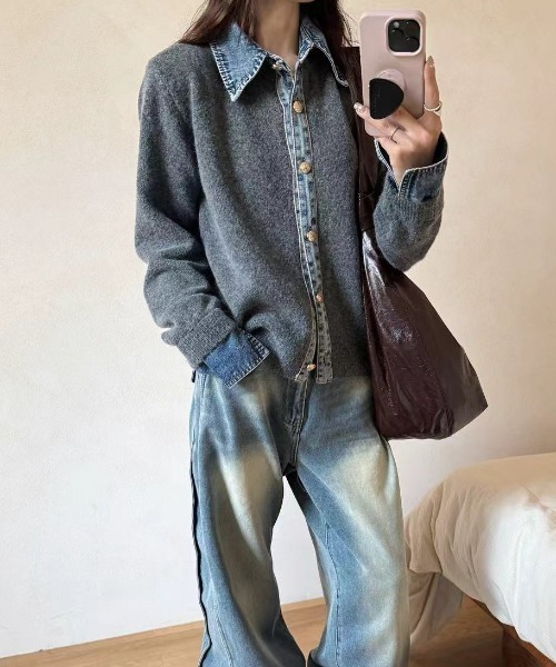 gossip!ロサンゼルス(ゴシップロサンゼルス)の「デニム切り替え ニットカーディガン(カーディガン/ボレロ・レディース・ネイビー/ダークグレー/ブラウン/グレー・FREE)」の3枚目の写真