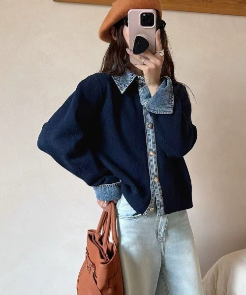 gossip!ロサンゼルス(ゴシップロサンゼルス)の「デニム切り替え ニットカーディガン(カーディガン/ボレロ・レディース・ネイビー/ダークグレー/ブラウン/グレー・FREE)」の11枚目の写真