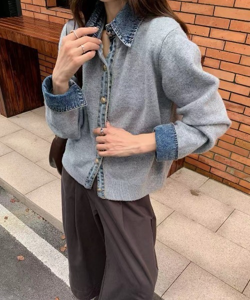 gossip!ロサンゼルス(ゴシップロサンゼルス)の「デニム切り替え ニットカーディガン(カーディガン/ボレロ・レディース・ネイビー/ダークグレー/ブラウン/グレー・FREE)」の5枚目の写真