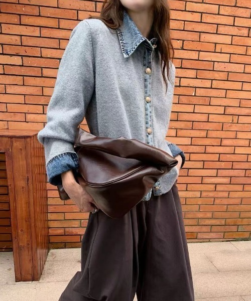 gossip!ロサンゼルス(ゴシップロサンゼルス)の「デニム切り替え ニットカーディガン(カーディガン/ボレロ・レディース・ネイビー/ダークグレー/ブラウン/グレー・FREE)」の6枚目の写真