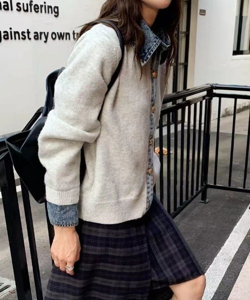 gossip!ロサンゼルス(ゴシップロサンゼルス)の「デニム切り替え ニットカーディガン(カーディガン/ボレロ・レディース・ネイビー/ダークグレー/ブラウン/グレー・FREE)」の7枚目の写真