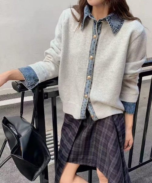 gossip!ロサンゼルス(ゴシップロサンゼルス)の「デニム切り替え ニットカーディガン(カーディガン/ボレロ・レディース・ネイビー/ダークグレー/ブラウン/グレー・FREE)」の8枚目の写真