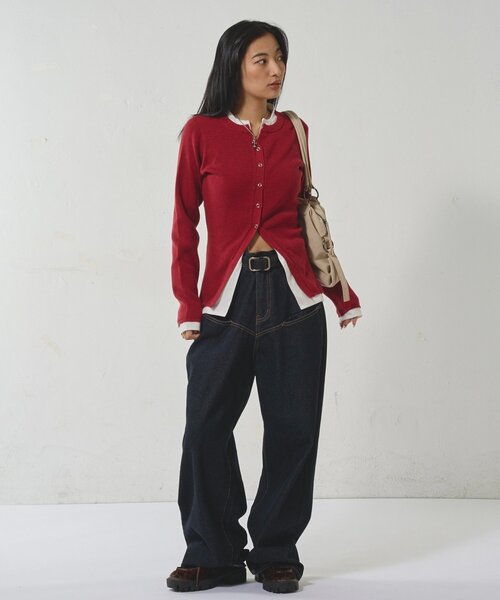 WHO'S WHO gallery(フーズフーギャラリー)の「LAYERED HENLEY NARROW CARDIGAN(カーディガン/ボレロ・レディース・アイボリー/ブラック/グレー/ネイビー/レッド/ブルー・FREE)」の7枚目の写真