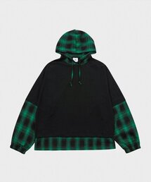 フードチェックレイヤードシャツ_グリーン
