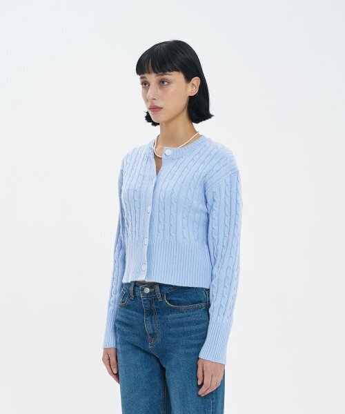 BLOND9(ブロンドナイン)の「ラウンドネッククロップケーブルカーディガン_ベイビーブルー(カーディガン/ボレロ・レディース・その他・SMALL/MEDIUM)」の4枚目の写真