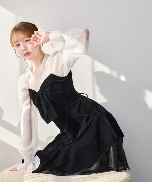 セール】ベロアリボンロングワンピース（ワンピース）｜one after