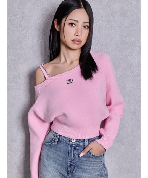 GYDA（ジェイダ）の「Symmetry GYDAワンショルチェーンニットトップス（ニット/セーター・レディース・ブラック/オフホワイト/ピンク・FREE）」の11枚目の写真