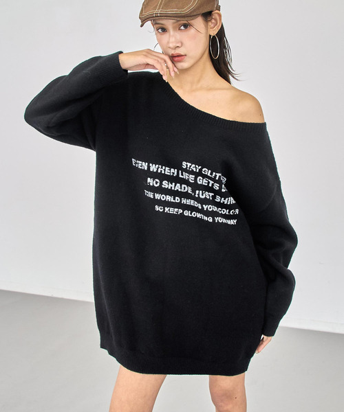 ANAP（アナップ）の「ロゴ プリント チュニック ニット ワンピース（ワンピース・レディース・アイボリー/ブラック・F）」の2枚目の写真
