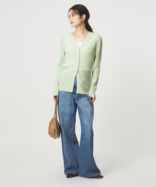 green label relaxing（グリーンレーベルリラクシング）の「リブ ニット Vネック カーディガン ウォッシャブル（カーディガン/ボレロ・レディース・オフホワイト/ブラック/ライム・FREE）」の5枚目の写真