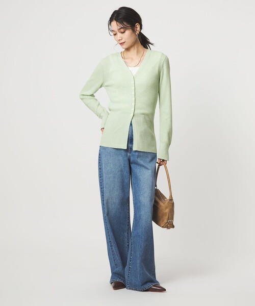 green label relaxing（グリーンレーベルリラクシング）の「リブ ニット Vネック カーディガン ウォッシャブル（カーディガン/ボレロ・レディース・オフホワイト/ブラック/ライム・FREE）」の6枚目の写真