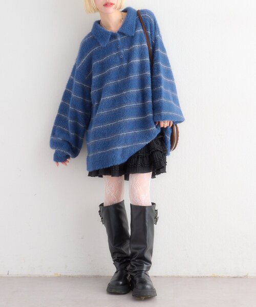 w closet(ダブルクローゼット)の「シャギーポロニット(ニット/セーター・レディース・ブルー/アイボリー/ピンク・FREE)」の18枚目の写真