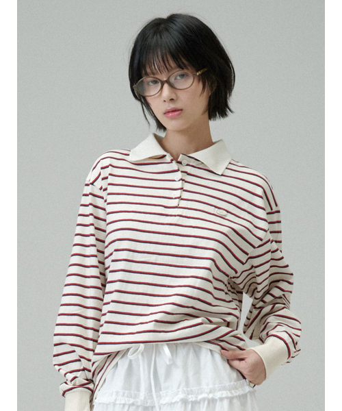 MELLOTORY(メロートリー)の「ストライプカラーTシャツ(アイボリー)(ポロシャツ・レディース・アイボリー・FREE)」の2枚目の写真