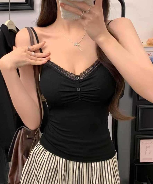 Lace Ladies(レースレディース)の「フロント ギャザー 配レース カップ付き キャミソール(キャミソール・レディース・グレー/ブラック/ホワイト/ピンク/ブラウン・FREE)」の3枚目の写真