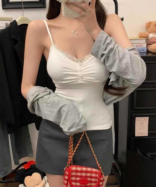 Lace Ladies(レースレディース)の「フロント ギャザー 配レース カップ付き キャミソール(キャミソール・レディース・グレー/ブラック/ホワイト/ピンク/ブラウン・FREE)」の12枚目の写真