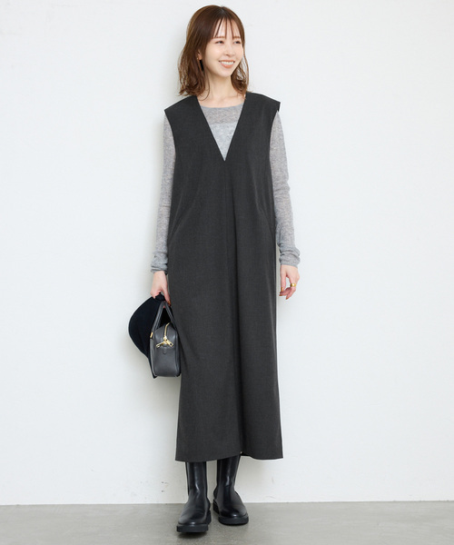 SLOBE IENA(スローブイエナ)の「《WEB限定/追加》TR Vネックジャンパースカート(ワンピース・レディース・チャコールグレー/ブラック・FREE)」の8枚目の写真