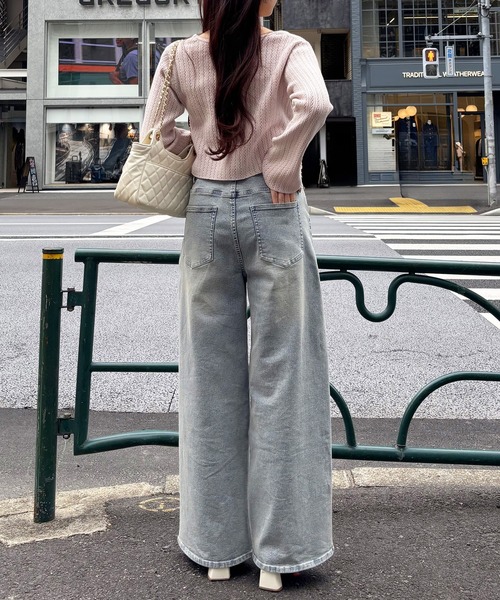 S/Mサイズ展開】ウエスト調整/ビジュー付きストレッチデニムパンツ