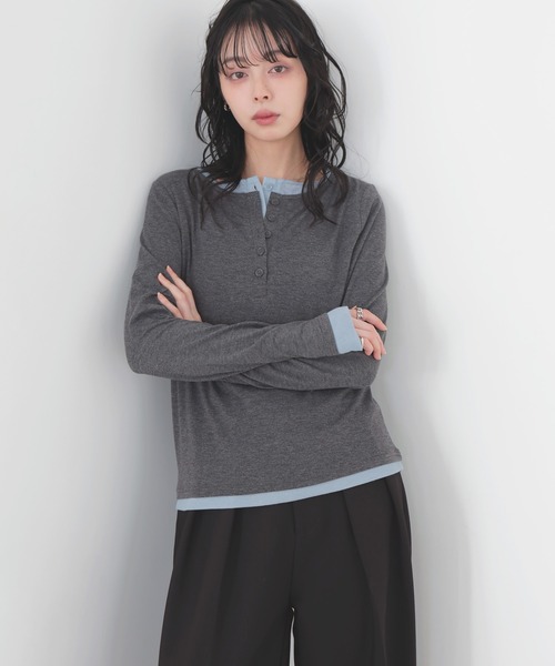 セール】バイカラーヘンリーネックプルオーバー（Tシャツ/カットソー