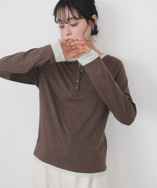 LIAN（リアン）の「バイカラーヘンリーネックプルオーバー（Tシャツ/カットソー・レディース・チャコールグレー/グレー/イエロー/ブラウン・FREE）」の17枚目の写真