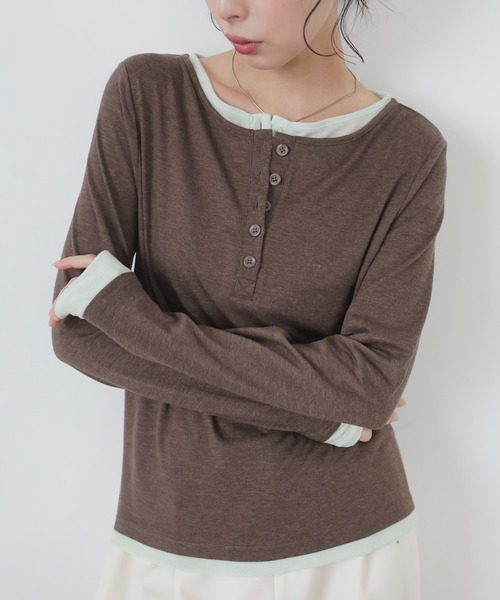 LIAN（リアン）の「バイカラーヘンリーネックプルオーバー（Tシャツ/カットソー・レディース・チャコールグレー/グレー/イエロー/ブラウン・FREE）」の18枚目の写真