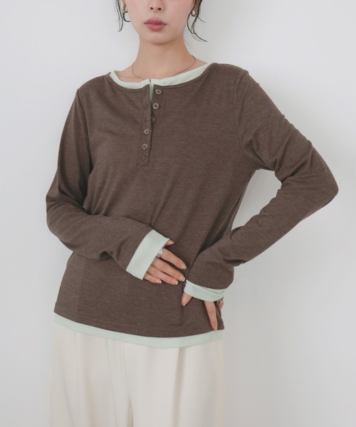 LIAN（リアン）の「バイカラーヘンリーネックプルオーバー（Tシャツ/カットソー・レディース・チャコールグレー/グレー/イエロー/ブラウン・FREE）」の20枚目の写真
