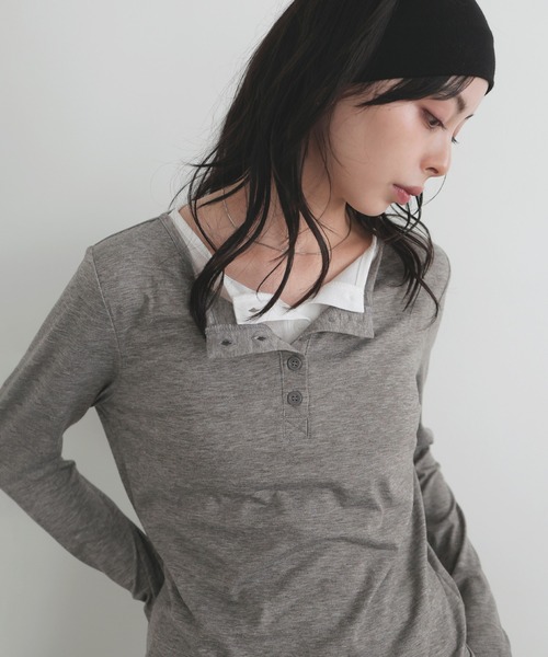LIAN（リアン）の「バイカラーヘンリーネックプルオーバー（Tシャツ/カットソー・レディース・チャコールグレー/グレー/イエロー/ブラウン・FREE）」の10枚目の写真