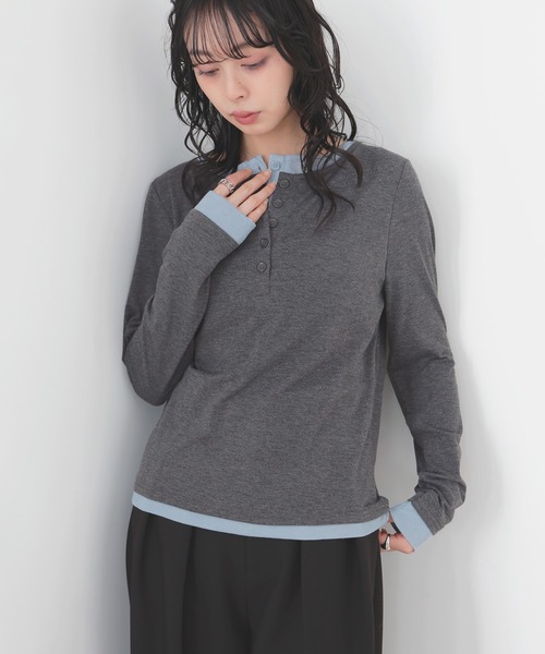 LIAN（リアン）の「バイカラーヘンリーネックプルオーバー（Tシャツ/カットソー・レディース・チャコールグレー/グレー/イエロー/ブラウン・FREE）」の5枚目の写真
